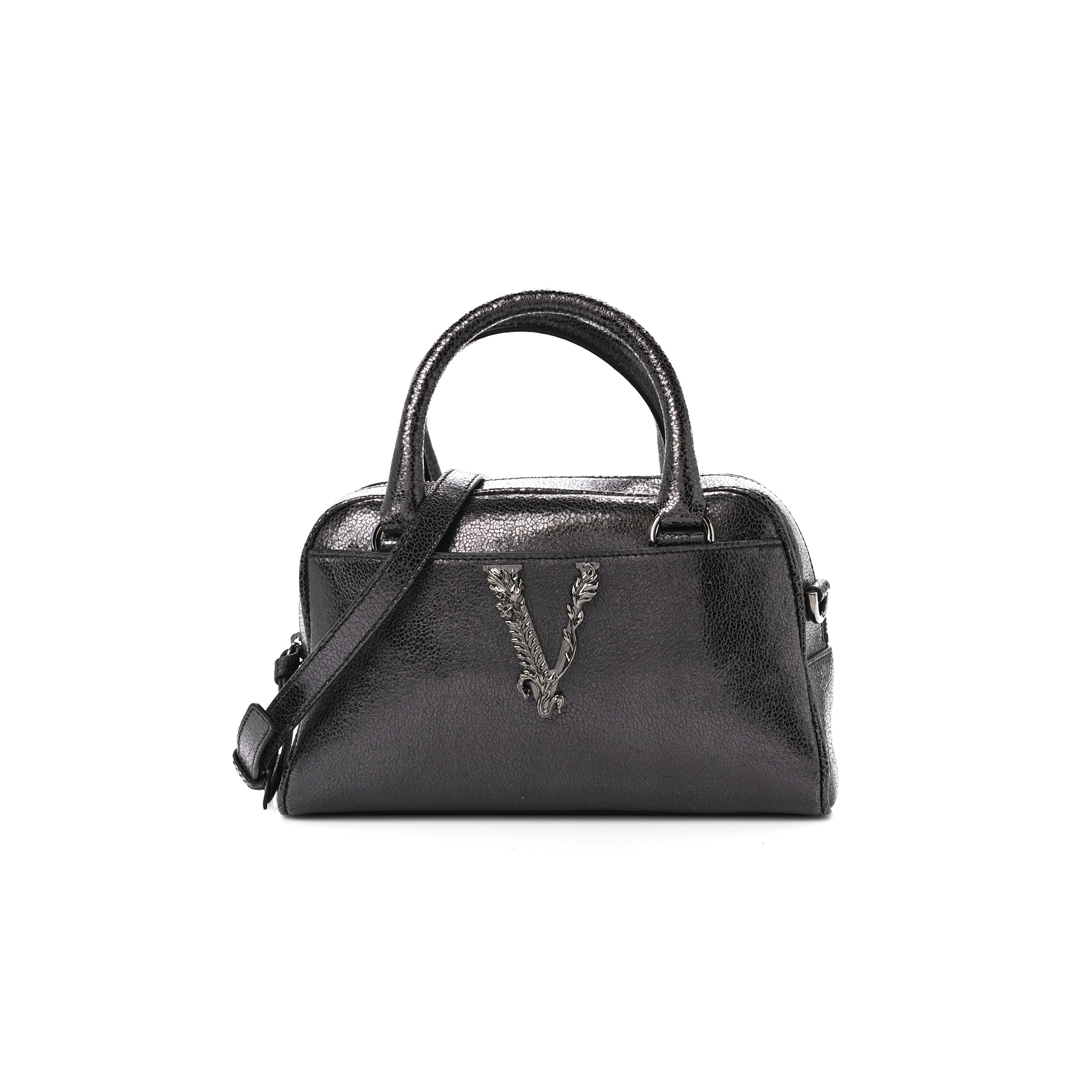 VERSACE METALLIC CALFKSIN VIRTUS SMALL BOWLING BAG GREY  (27*18*15cm)