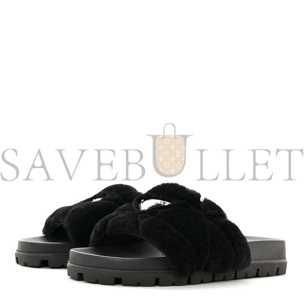 PRADA SHEARLING METAL TRIANGLE LOGO LUG SOLE 20MM SLIDE SANDALS 41 BLACK