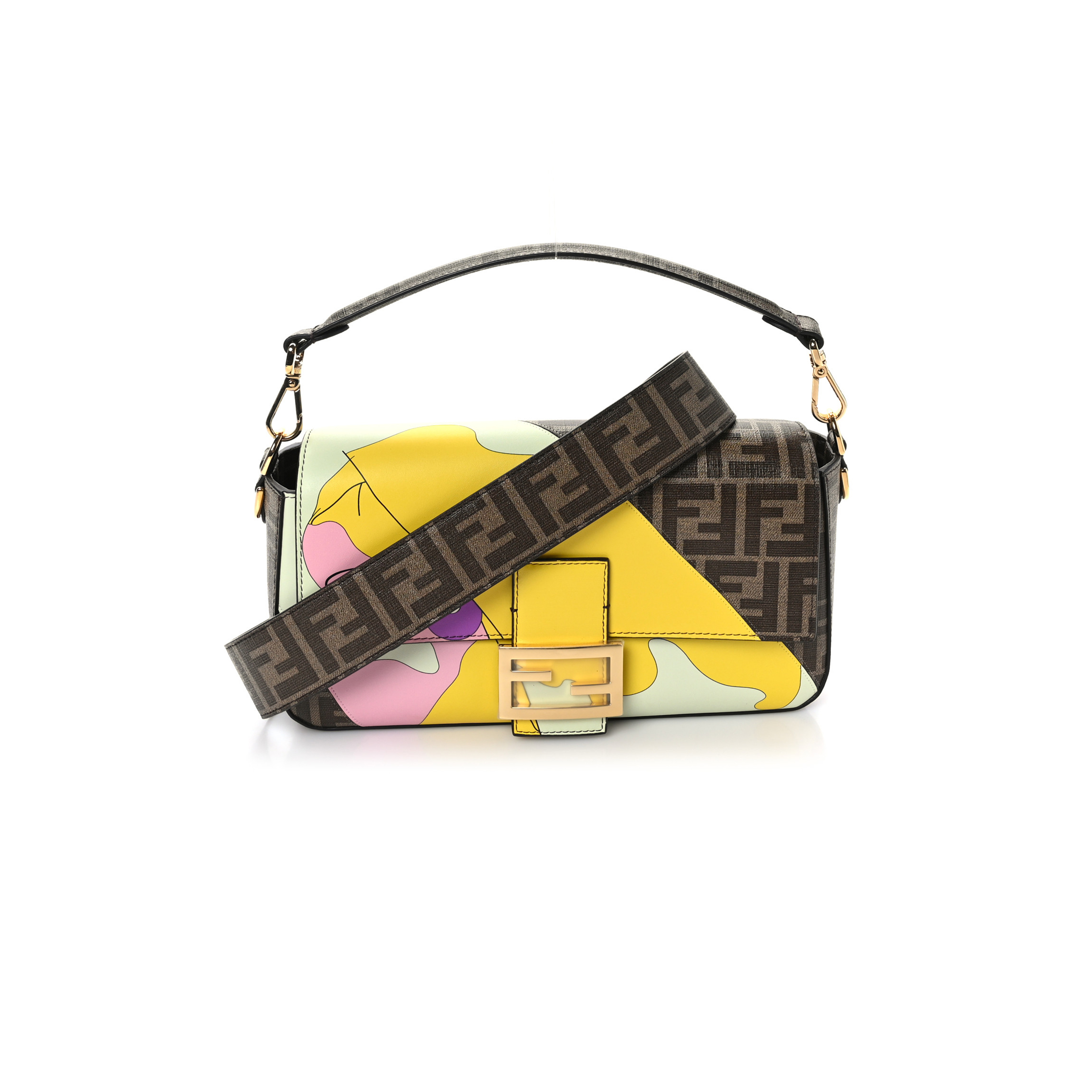 FENDI GLAZED FABRIC FF 1974 HAIRDO GIRLS INLAY BAGUETTE MOGANO PANNA MULTICOLOR (27*15*6cm)