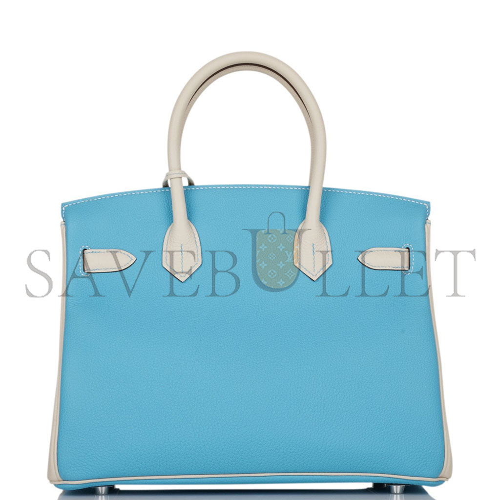 HERMES BIRKIN 25 TOGO LEATHER NORTHERN BLUE AND MILKSHAKE WHITE SILVER BUCKLE HANDBAG 2161400178398 (25*20*13cm)