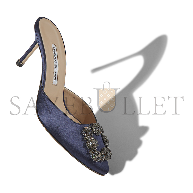 MANOLO BLAHNIK HANGISIMU NAVY BLUE SATIN JEWEL BUCKLE MULES 9XX-0726-0045