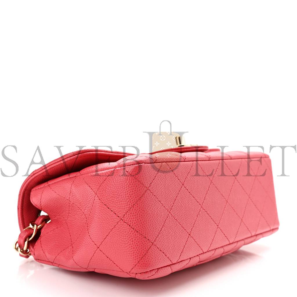 CHANEL CAVIAR QUILTED MINI RECTANGULAR FLAP DARK PINK ROSE GOLD HARDWARE (20*13*6cm)