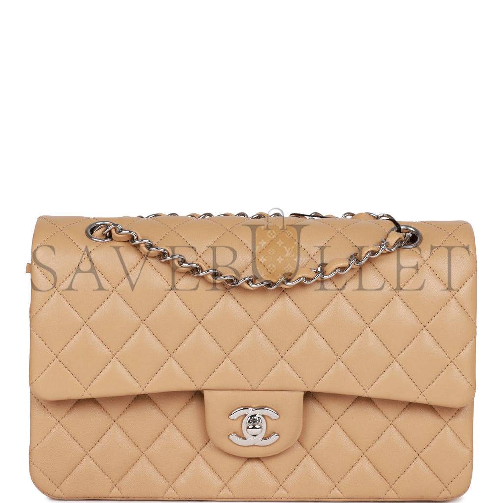 CHANEL MEDIUM CLASSIC DOUBLE FLAP BAG BEIGE LAMBSKIN SILVER HARDWARE (25*15*7cm)