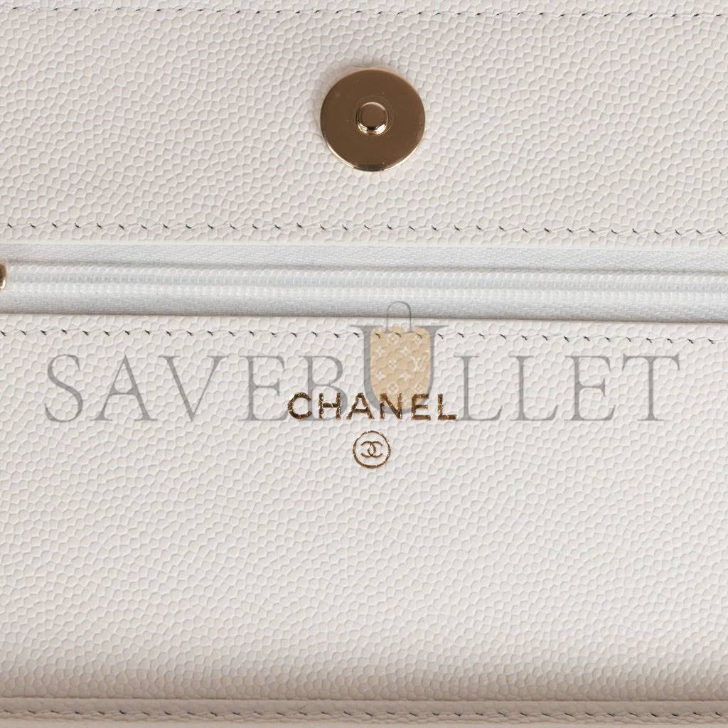 CHANEL WALLET ON CHAIN WOC WHITE CAVIAR LIGHT GOLD HARDWARE (19*12*4cm)