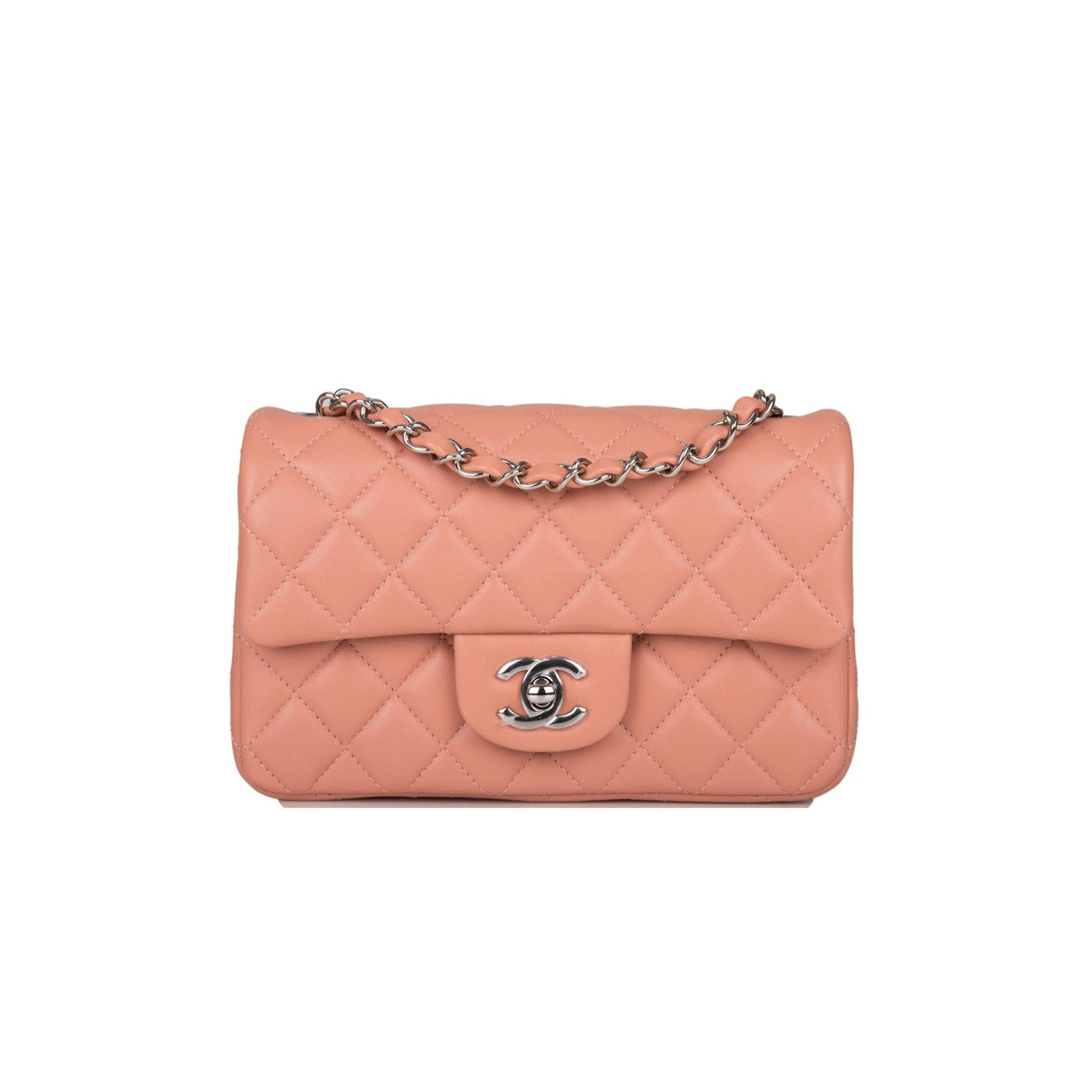 CHANEL MINI RECTANGULAR FLAP BAG ROSE LAMBSKIN SILVER HARDWARE (20*13*6cm)