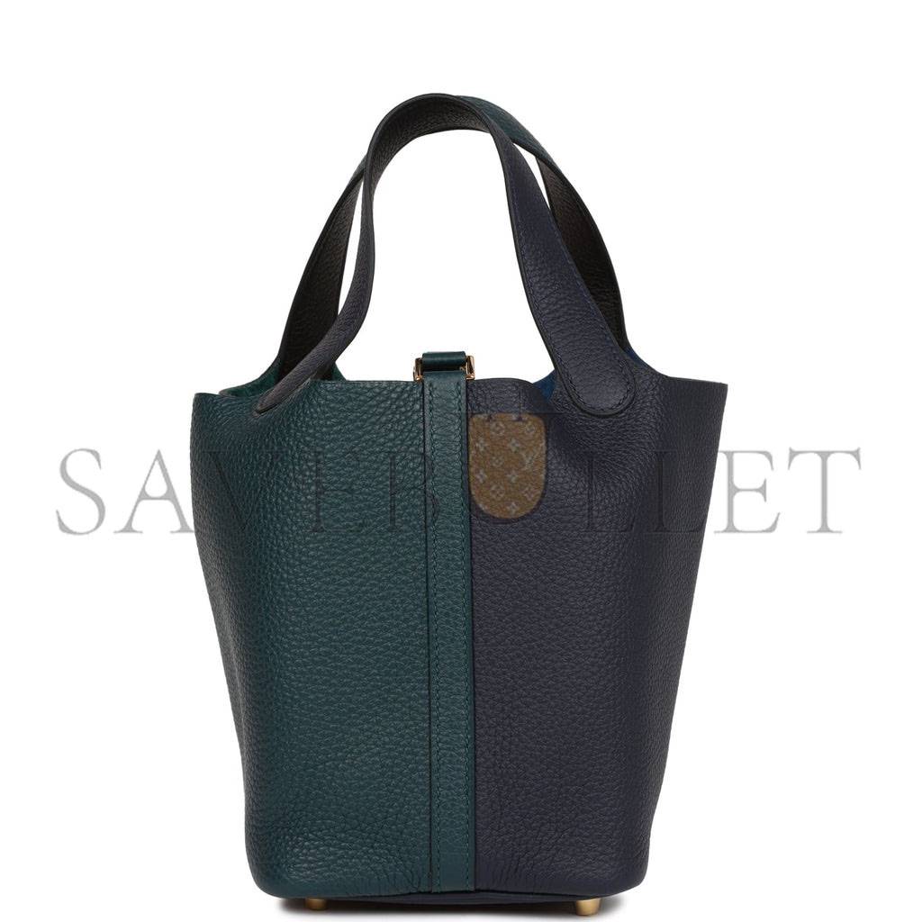 HERMES PICOTIN LOCK 18 CASAQUE VERT CYPRESS, BLEU NUIT AND BLACK CLEMENCE GOLD HARDWARE(18*13*18cm)