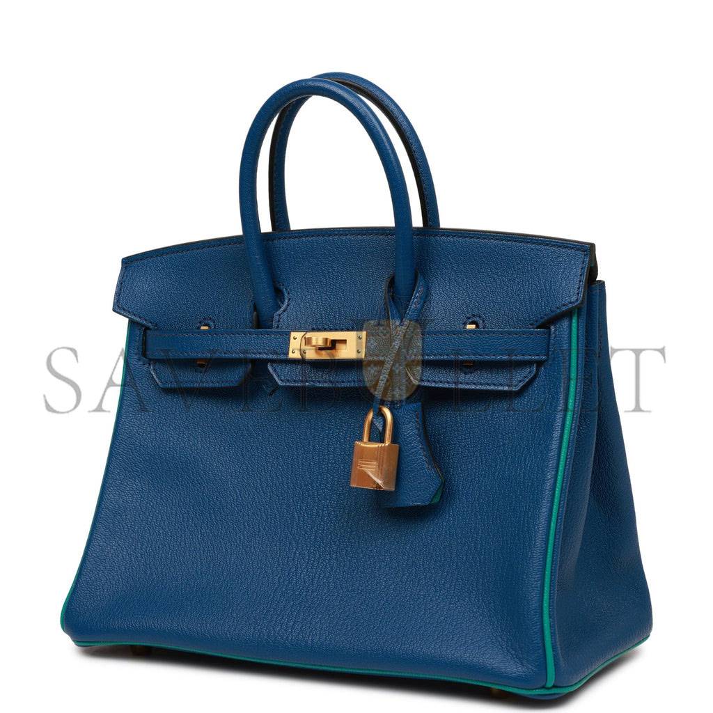 HERMES SPECIAL ORDER (HSS) BIRKIN 25 BLEU SAPHIR AND VERT VERTIGO CHEVRE BRUSHED GOLD HARDWARE HANDMADE (25.cm)