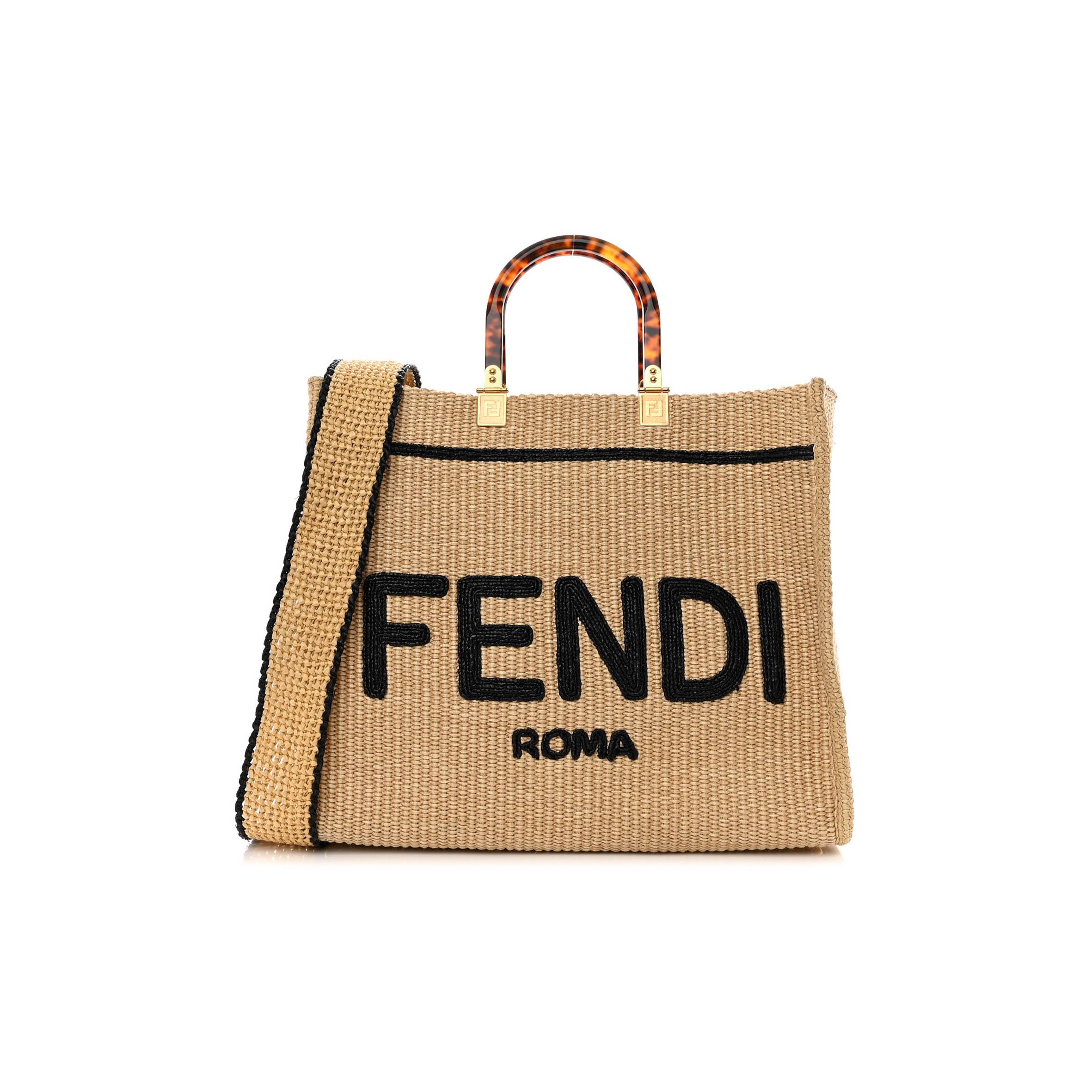 FENDI STRAW VITELLO KING PLEXIGLASS WOVEN MEDIUM FENDI SUNSHINE SHOPPER TOTE NATURAL BLACK (36*32*17cm)